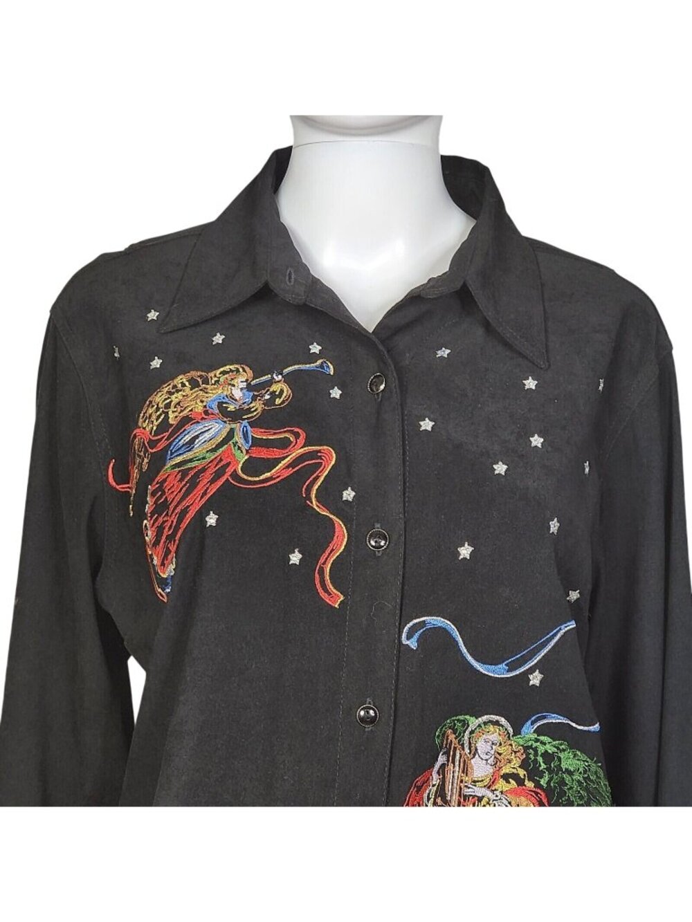 Bill Blass Jeans Vintage Christmas Angel Button-Up Shirt Black Large